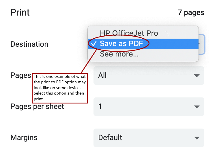 Print screen showing print to PDF option on a Mac