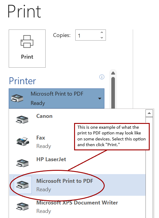 Print screen showing print to PDF option on a PC